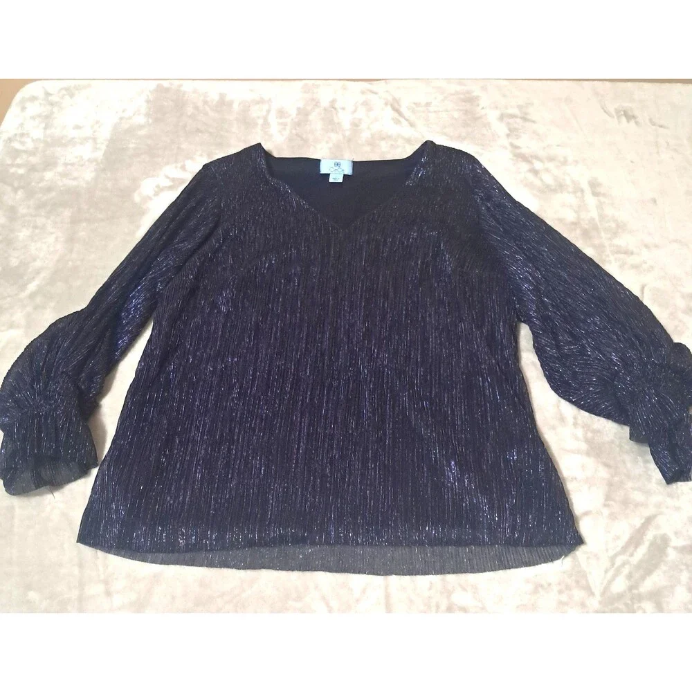 CeCe Womens Navy Blue Metallic Shimmer Blouse Large V Neck Long Sleeve Dress Top